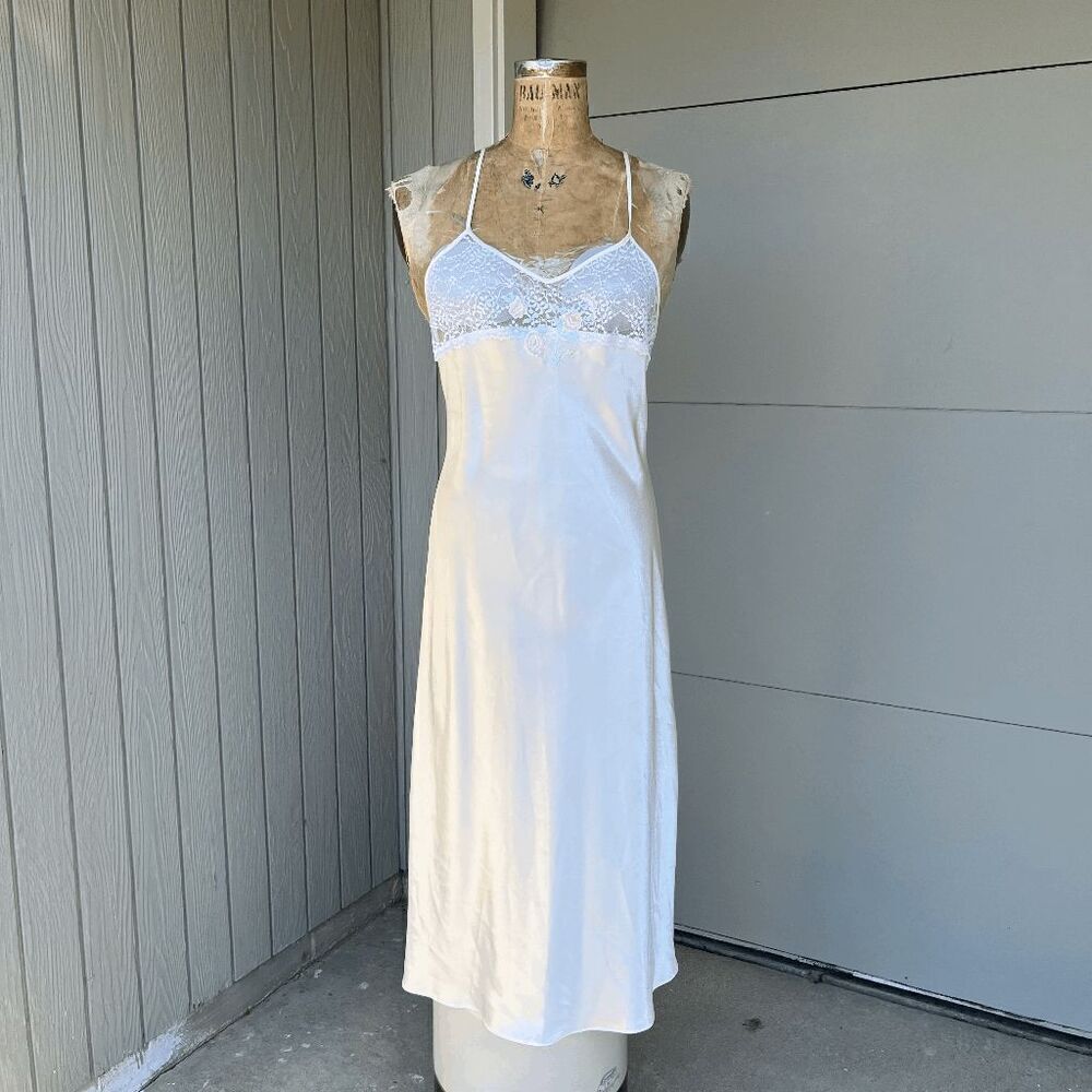 Vintage 80s Val Mode Ivory Satin Slip Dress with Lace & Embroidered Details